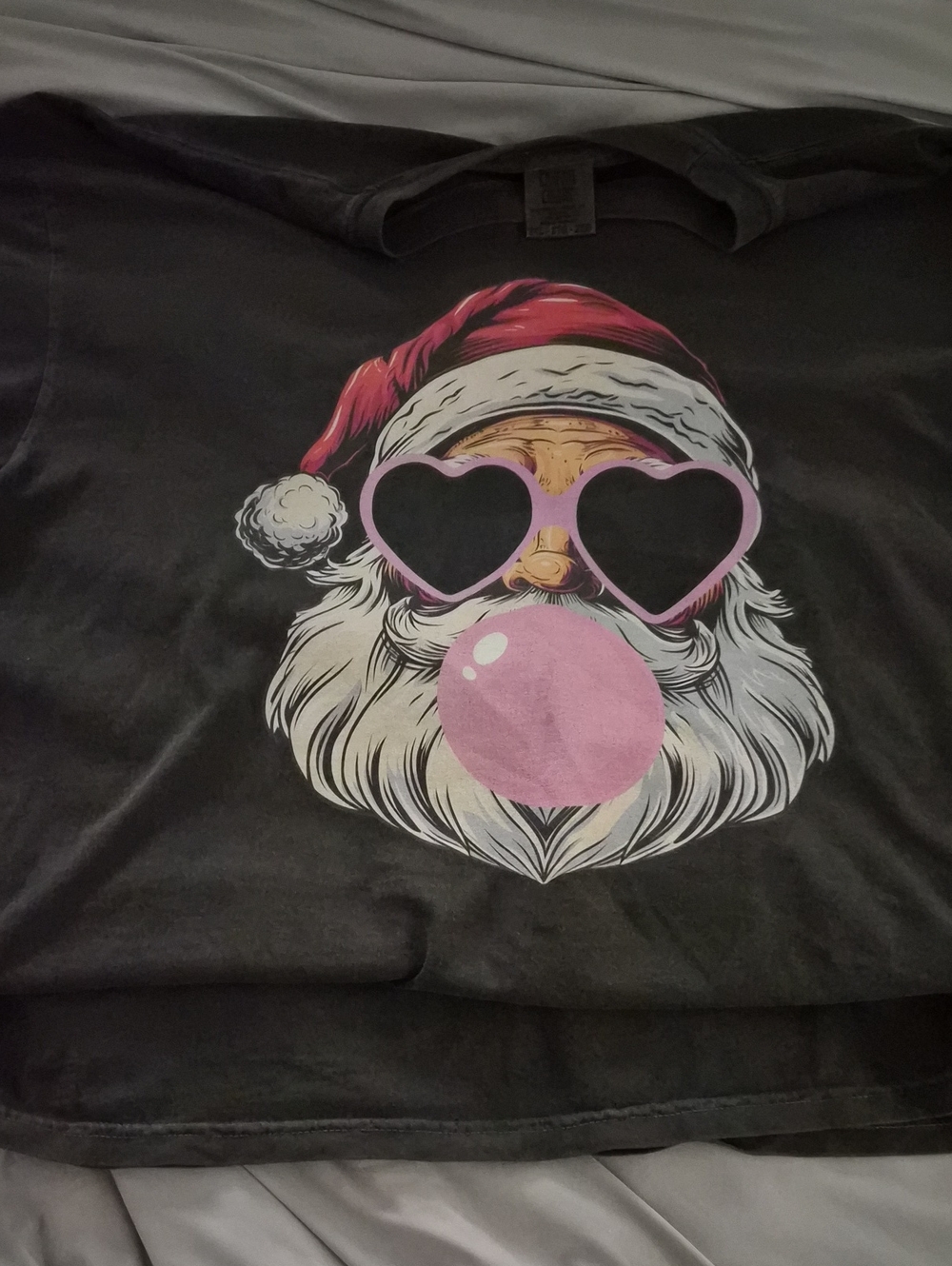 Gray Santa Graphic Tee with Pink Heart Sunglasses